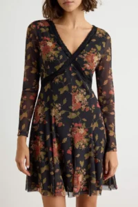 TRENDYOLMİLLA Multicolored Floral A-line V-neck LONG Short / Mini Tulle Lined Flexible Knitting Dress - Image 4