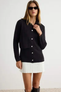 TRENDYOLMİLLA Black Cardigan Contrast Skirt Detailed Mini Knit Dress - Image 3