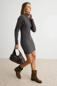 TRENDYOLMİLLA Anthracite Thessaloniki bodycon/Fitting Bat Arm Short / Mini High Neck Knitting Dress