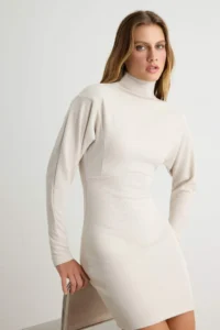 TRENDYOLMİLLA Stone Thessaloniki bodycon/Fitting Bat Arm Short / Mini High Neck Knitting Dress - Image 2