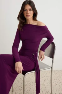 TRENDYOLMİLLA Plum bodycon/Fitting Asymmetric Collar Maxi Long Sleeve Flexible Knitting Dress - Image 2