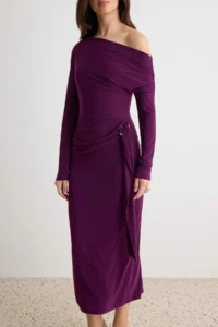TRENDYOLMİLLA Plum bodycon/Fitting Asymmetric Collar Maxi Long Sleeve Flexible Knitting Dress - Image 3