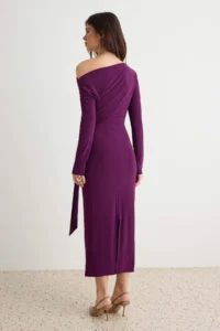 TRENDYOLMİLLA Plum bodycon/Fitting Asymmetric Collar Maxi Long Sleeve Flexible Knitting Dress - Image 4