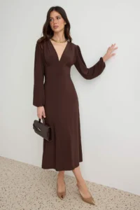 TRENDYOLMİLLA Brown A-Cut/Life Form V-neck Balloon Sleeve Midi Flexible Knitting Dress