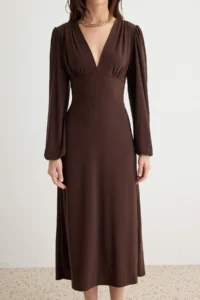 TRENDYOLMİLLA Brown A-Cut/Life Form V-neck Balloon Sleeve Midi Flexible Knitting Dress - Image 3