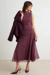 TRENDYOLMİLLA Burgundy skater/Belden Flared Polka Dot High Neck Sleeveless Maxi Lined Knitting Dress