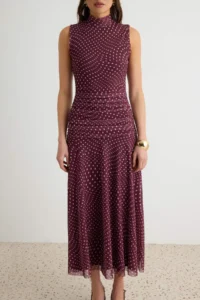 TRENDYOLMİLLA Burgundy skater/Belden Flared Polka Dot High Neck Sleeveless Maxi Lined Knitting Dress - Image 3