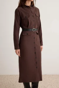 TRENDYOLMİLLA Brown Belt Detailed Long Sleeve Midi Weaving Shirt Dress - Image 3