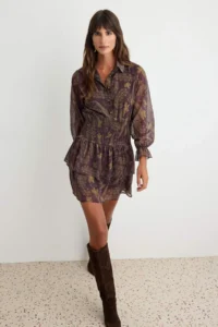 Trendyol Curve Brown Shawl Patterned Gipelli Long Sleeve skater/Belden Flared Short/Mini Weaving Siphon Dress - Image 2