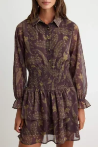 Trendyol Curve Brown Shawl Patterned Gipelli Long Sleeve skater/Belden Flared Short/Mini Weaving Siphon Dress - Image 3