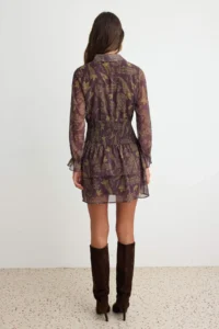 Trendyol Curve Brown Shawl Patterned Gipelli Long Sleeve skater/Belden Flared Short/Mini Weaving Siphon Dress - Image 4