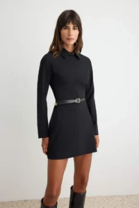 TRENDYOLMİLLA More Sustainable Black Arched Accessory Detailed A-Cut Short / Mini Weaving Dress - Image 2
