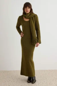 TRENDYOLMİLLA Khaki Plain Maxi Soft textured Scarf Maxi Length Knit Dress