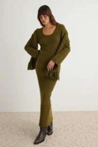 TRENDYOLMİLLA Khaki Plain Maxi Soft textured Scarf Maxi Length Knit Dress - Image 3