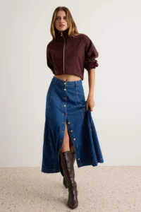 TRENDYOLMİLLA BLUE 100% Cotton Front buttoned Maxi DENIM Skirt - Image 2