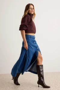 TRENDYOLMİLLA BLUE 100% Cotton Front buttoned Maxi DENIM Skirt - Image 3