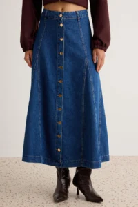 TRENDYOLMİLLA BLUE 100% Cotton Front buttoned Maxi DENIM Skirt - Image 4