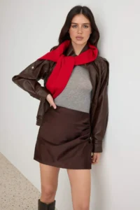 TRENDYOLMİLLA Dark Brown Pili Detailed Weaving Skirt - Image 2
