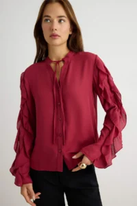 TRENDYOLMİLLA Light Burgundy Sleeves Frilly Long Sleeve Shirt
