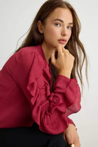 TRENDYOLMİLLA Light Burgundy Sleeves Frilly Long Sleeve Shirt - Image 2