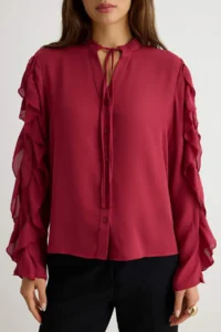 TRENDYOLMİLLA Light Burgundy Sleeves Frilly Long Sleeve Shirt - Image 3
