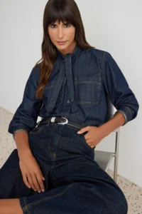 TRENDYOLMİLLA DARK BLUE Collar Detailed DENIM Shirt - Image 2