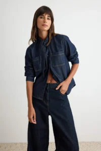 TRENDYOLMİLLA DARK BLUE Collar Detailed DENIM Shirt - Image 3