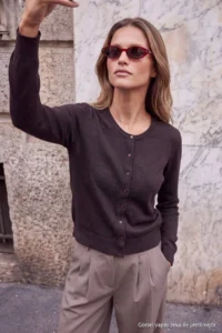 TRENDYOLMİLLA Wardrobe Essentials Brown 100% Wool Crew Neck Basic Knitwear Cardigan - Image 3