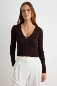 TRENDYOLMİLLA Brown removable Fur Detailed Fitted Knitwear Cardigan - Image 2