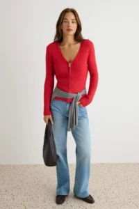 TRENDYOLMİLLA Red V-neck Basic Soft textured Knitwear Cardigan - Image 2