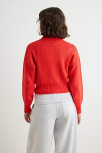 TRENDYOLMİLLA Red High Neck Crop Waist Fitting Knitwear Cardigan - Image 4
