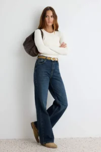 TRENDYOLMİLLA DARK BLUE Less Flexible High Waist Wide Leg Wide Leg jeans