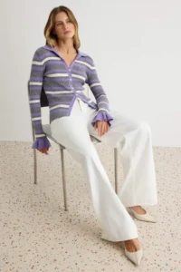 TRENDYOLMİLLA Lilac Striped Polo Shirt Collar Jewelery buttoned Fitted Knitwear Sweater - Image 3