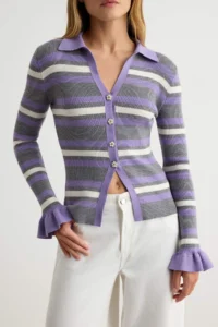 TRENDYOLMİLLA Lilac Striped Polo Shirt Collar Jewelery buttoned Fitted Knitwear Sweater - Image 4