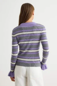 TRENDYOLMİLLA Lilac Striped Polo Shirt Collar Jewelery buttoned Fitted Knitwear Sweater - Image 5