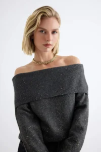 TRENDYOLMİLLA Anthracite Soft textured Carmen Collar Knitwear Sweater - Image 2