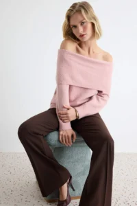 TRENDYOLMİLLA PINK Soft textured Carmen Collar Knitwear Sweater - Image 2