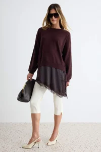 TRENDYOLMİLLA Brown Asymmetric Lace Detailed Knitwear Sweater - Image 2