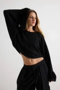 TRENDYOLMİLLA Black Soft textured Sleeve Tip Tassel Detailed Knitwear Poncho Sweater - Image 2