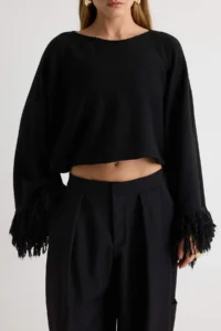 TRENDYOLMİLLA Black Soft textured Sleeve Tip Tassel Detailed Knitwear Poncho Sweater - Image 3