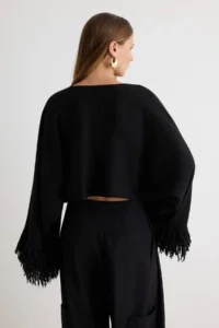 TRENDYOLMİLLA Black Soft textured Sleeve Tip Tassel Detailed Knitwear Poncho Sweater - Image 4