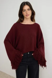 TRENDYOLMİLLA Burgundy Soft textured Sleeve Tip Tassel Detailed Crop Knitwear Poncho Sweater