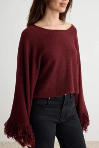 TRENDYOLMİLLA Burgundy Soft textured Sleeve Tip Tassel Detailed Crop Knitwear Poncho Sweater - Image 3