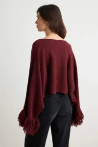 TRENDYOLMİLLA Burgundy Soft textured Sleeve Tip Tassel Detailed Crop Knitwear Poncho Sweater - Image 4