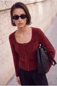 TRENDYOLMİLLA Burgundy Special Thread chenille Belt Detailed Knitwear Sweater