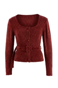 TRENDYOLMİLLA Burgundy Special Thread chenille Belt Detailed Knitwear Sweater - Image 10