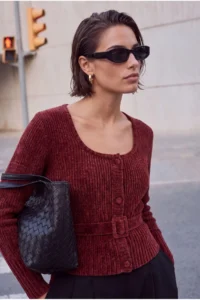 TRENDYOLMİLLA Burgundy Special Thread chenille Belt Detailed Knitwear Sweater - Image 4