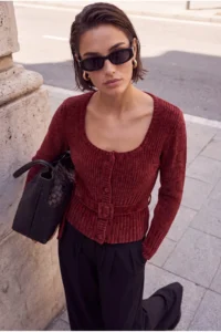 TRENDYOLMİLLA Burgundy Special Thread chenille Belt Detailed Knitwear Sweater - Image 5