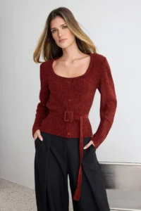 TRENDYOLMİLLA Burgundy Special Thread chenille Belt Detailed Knitwear Sweater - Image 6