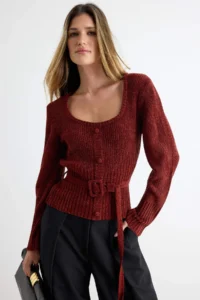 TRENDYOLMİLLA Burgundy Special Thread chenille Belt Detailed Knitwear Sweater - Image 7
